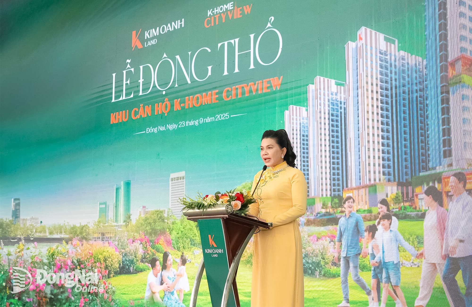 Chủ tịch Hội đồng Quản trị, Tổng Giám đốc Kim Oanh Group Đặng Thị Kim Oanh phát biểu tại Lễ động thổ khu căn hộ K-Home Cityview. Ảnh: Ban Mai